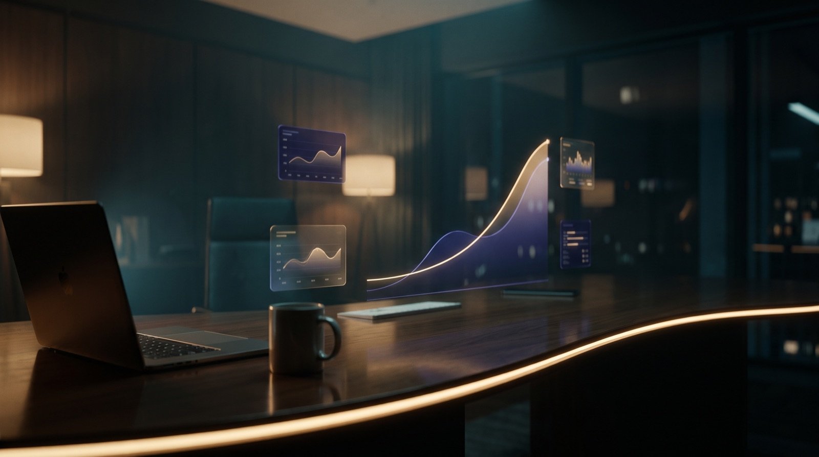 Painéis de métricas flutuando sobre uma mesa à noite, com uma curva de luz dourada