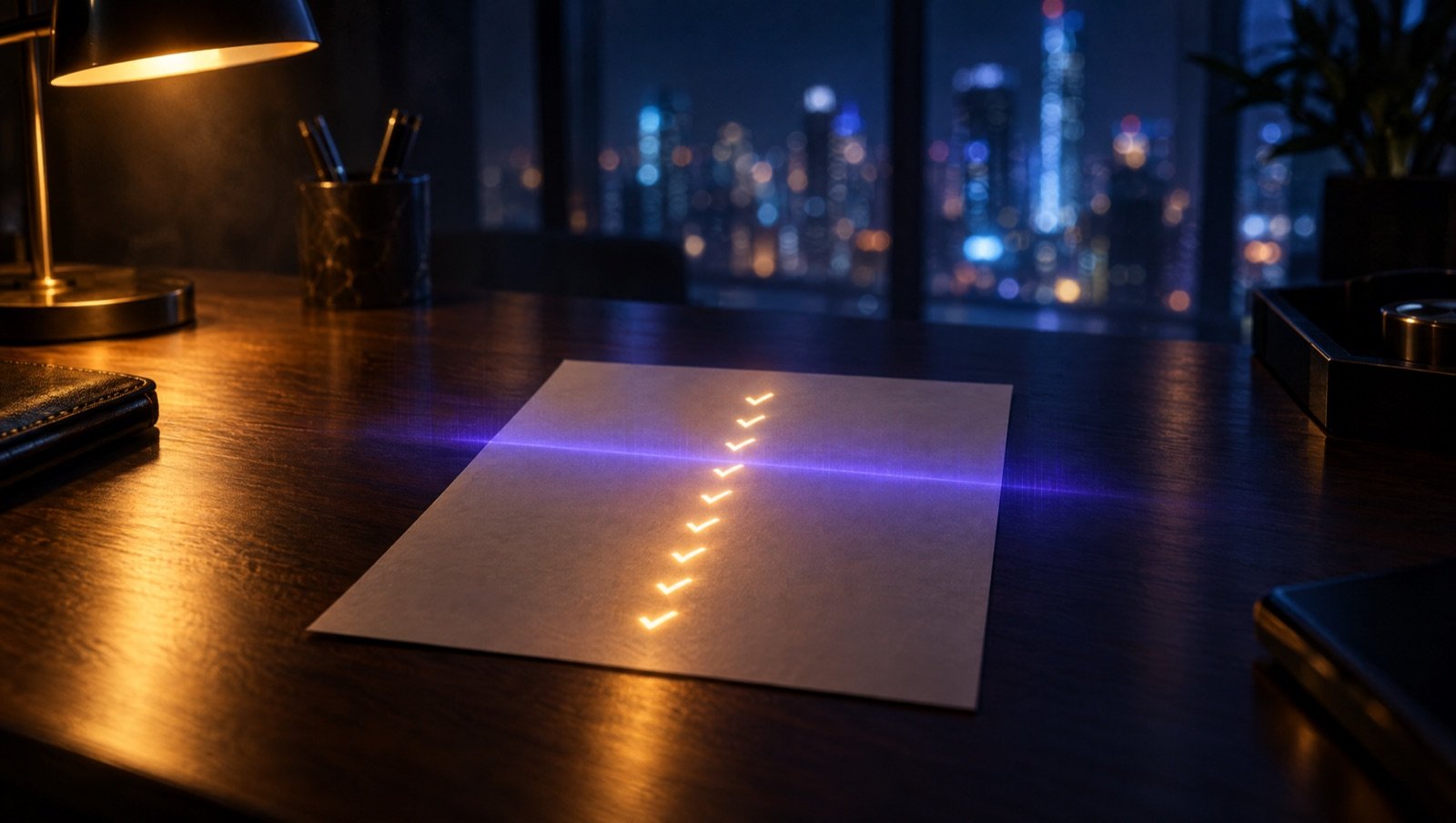 Uma folha sobre a mesa com dez marcas de conferido acesas em ouro, varrida por um feixe de luz